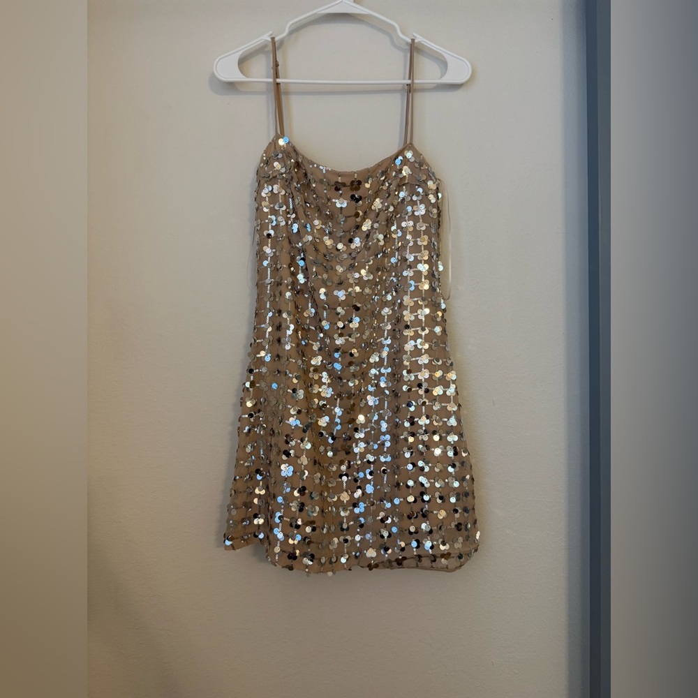 Zara Silver Sequin Beige Square Neck Mini Dress- Small - Picture 3 of 16